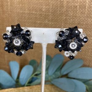 Vintage Black & Clear Beaded Clip Earrings - Marked West Germany